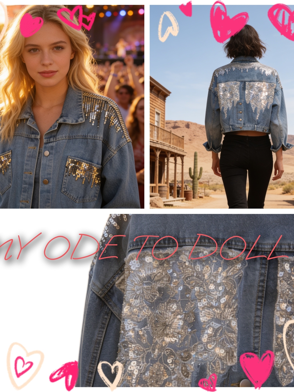 Sequin Embellished Blue Denim Jacket - Women